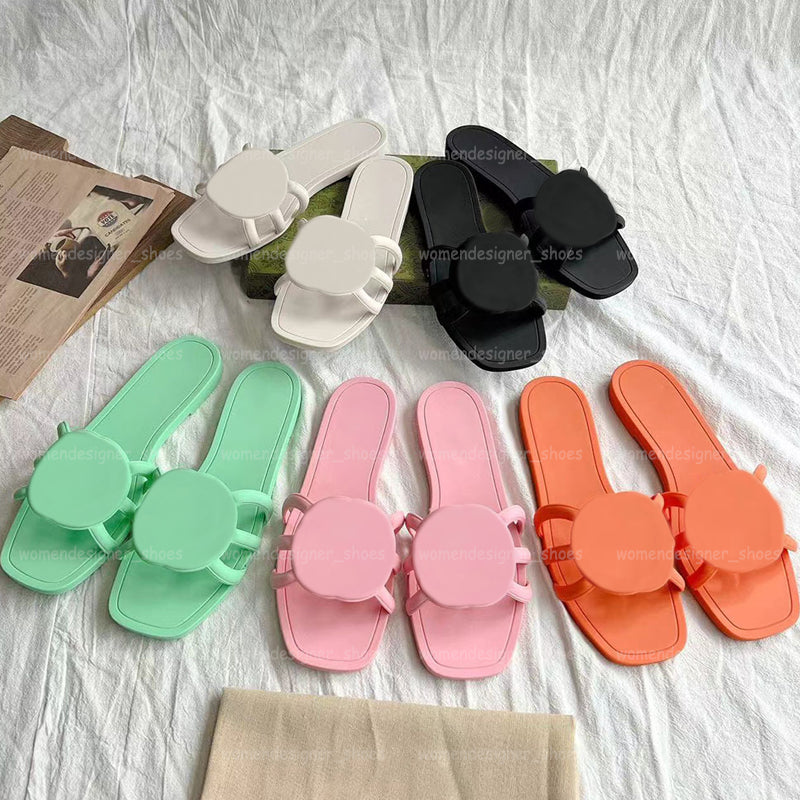 Women Designer Sandals Jelly Flat Slides Rubber Slippers Ladies Beach Candy Color Fashion Script Orange Flats Mules Waterproof Summer Shoes Size 42