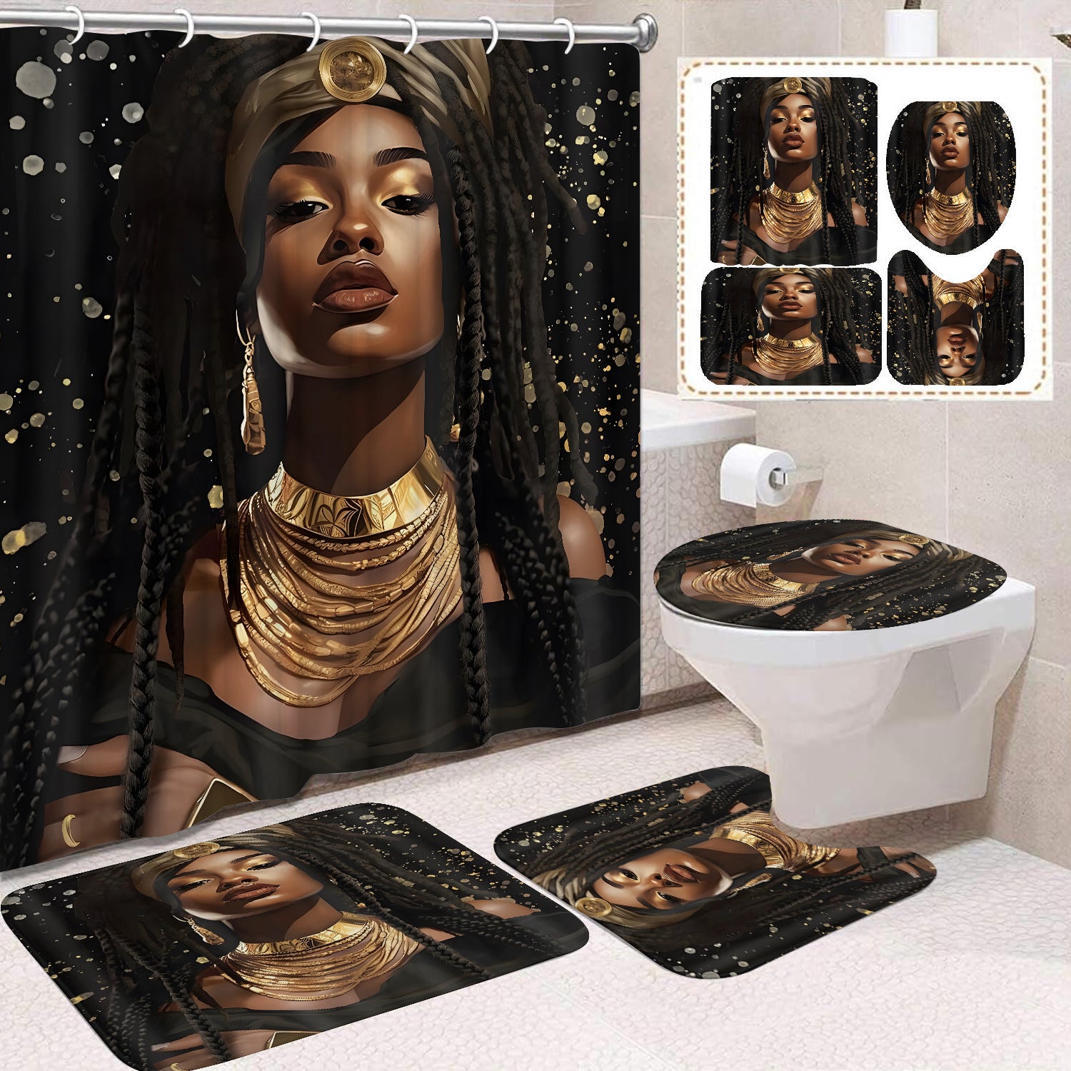 YL-37483 Shower Curtain African Girl Home Bathroom Decorative Curtain Toilet Floor Mat Toilet Non-slip Floor Mat