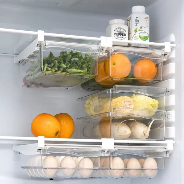 Plastic Clear Fridge Organizer Slide Under Shelf Drawer Box Rack Holder Refrigerator Drawer Kitchen Fruit Food Storage Box 241212