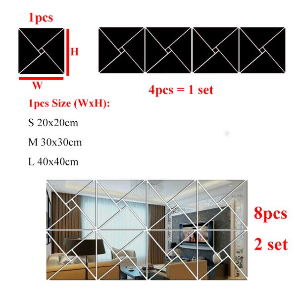 4Pcs 3D Square Mirror Stickers Self-Adhesive Wall Paste Acrylic DIY Modern Art Home Decor For Living Room Bedroom Decoration