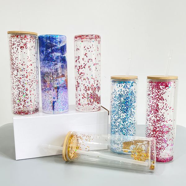 USA warehouse free shipping 20oz blank sublimation skinny straight snow globe glitter double walled clear glass soda beer coffee can mug wit