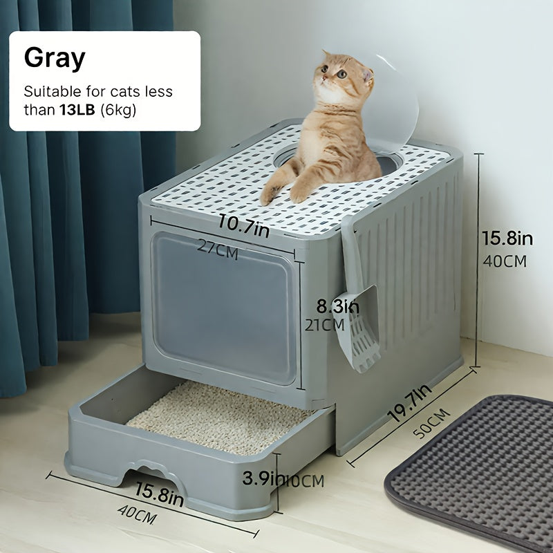 TEMU Cat Litter Box With Litter Mat And Scoop, Large Foldable Litter Box With Lid, Front Entry Top Exit Kitty Box, , Easy To Clean