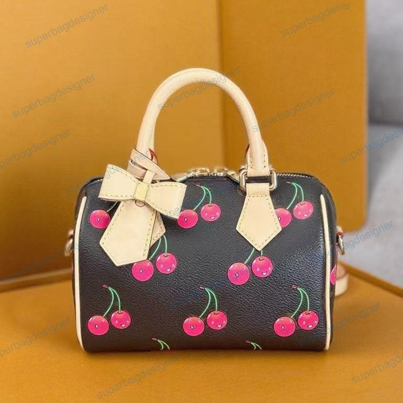 9A Cherry Bag Totes Bandouliere 20cm Pillow handbangs Cross body Tote bag women Toron Handle purse Classic Grain leather Brown Flower skin key lock