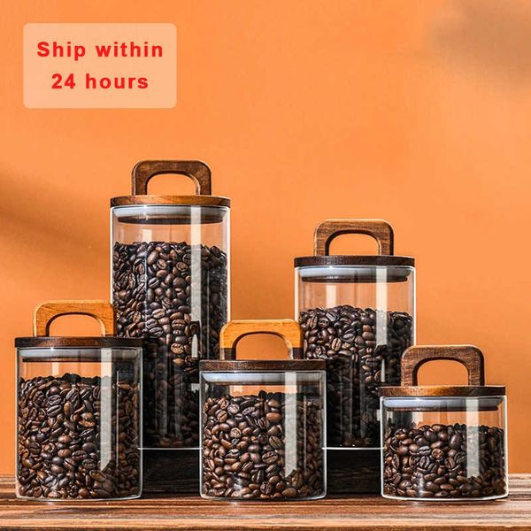 Storage Bottles Jars Wood Lid Glass Airtight Canister Food Container Tea Coffee Beans Kitchen Storage Bottles Jar Sealed Grounds Candy Jars