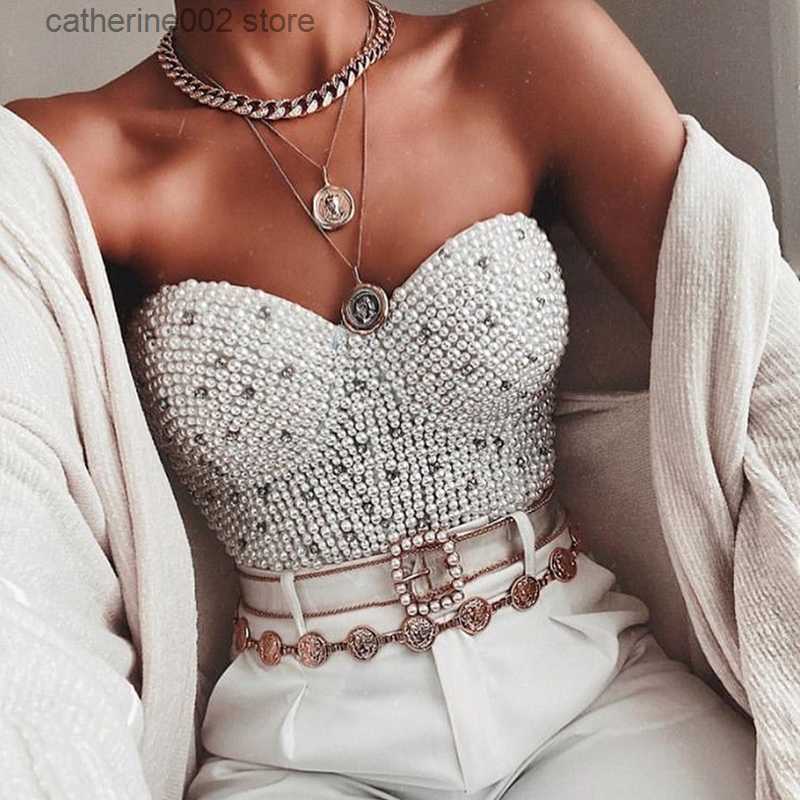 Women&#039;s Tanks Camis Women Corset with Rhinestones Pearl Bustier Crop Top Bra Club Party Glitter Cropped Top Female Clothing T230605