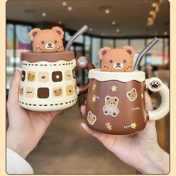 450ml Cute Ceramic Mug with Lid Spoon Breakfast Milk Mugs Juice Cup Lovely Bear Coffee Cup Home Office Couple Water CupB240720