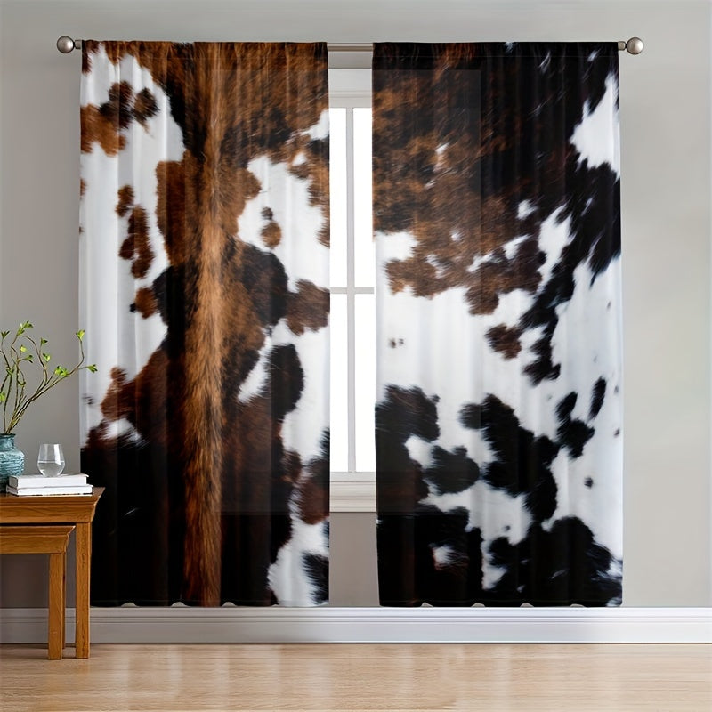 TEMU 2 Pcs White And Brown Cow Print Farmhouse Vintage Curtains - Translucent Privacy Protector For Bedroom Office Living Room Decor - Country Animal