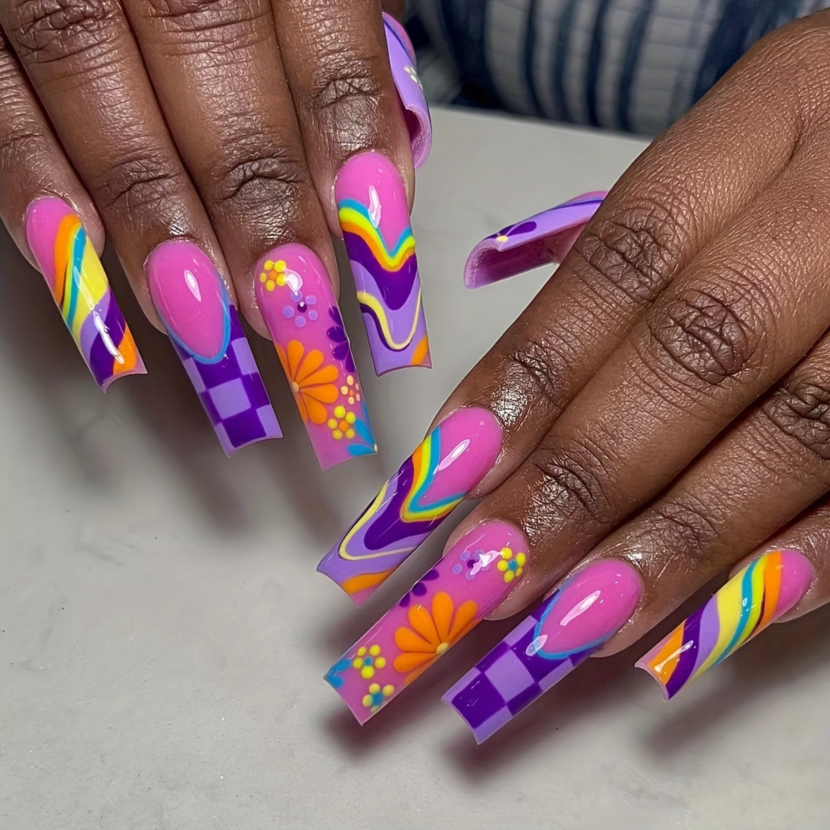 TEMU 24pcs Of Gorgeous Long Water Tube Shaped Press On Nail Plates With Colorful Patterns Such As Checkered Contrasting Flowers And Stripes. The Of