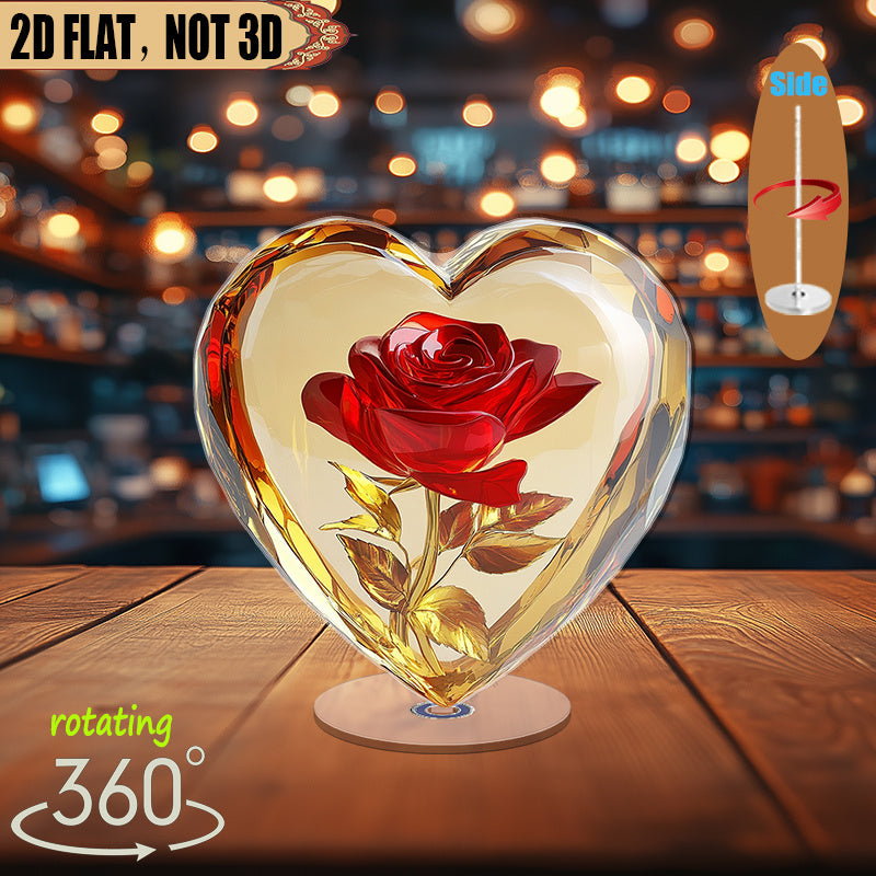 TEMU 2d Flat, 1pc Rotating Acrylic Tabletop Ornament With Heart-shaped Glass Cover - Illuminated Red Rose & Stained , 360° Rotating Base, No