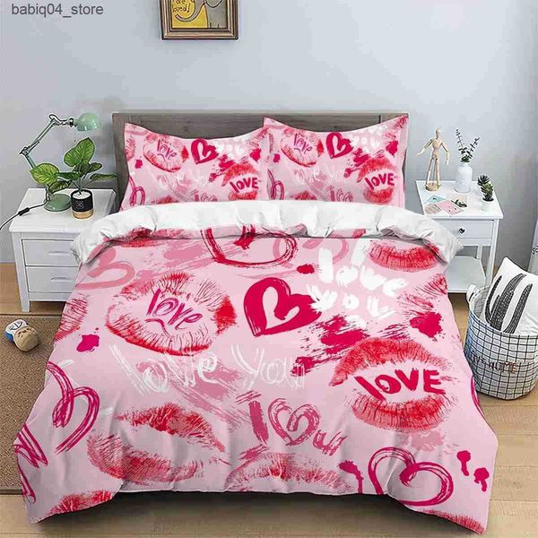 Bedding sets 3 piece matte polyester bedding set skin friendly warm comfortable warm pink surface red lip print with a heart pattern L240910