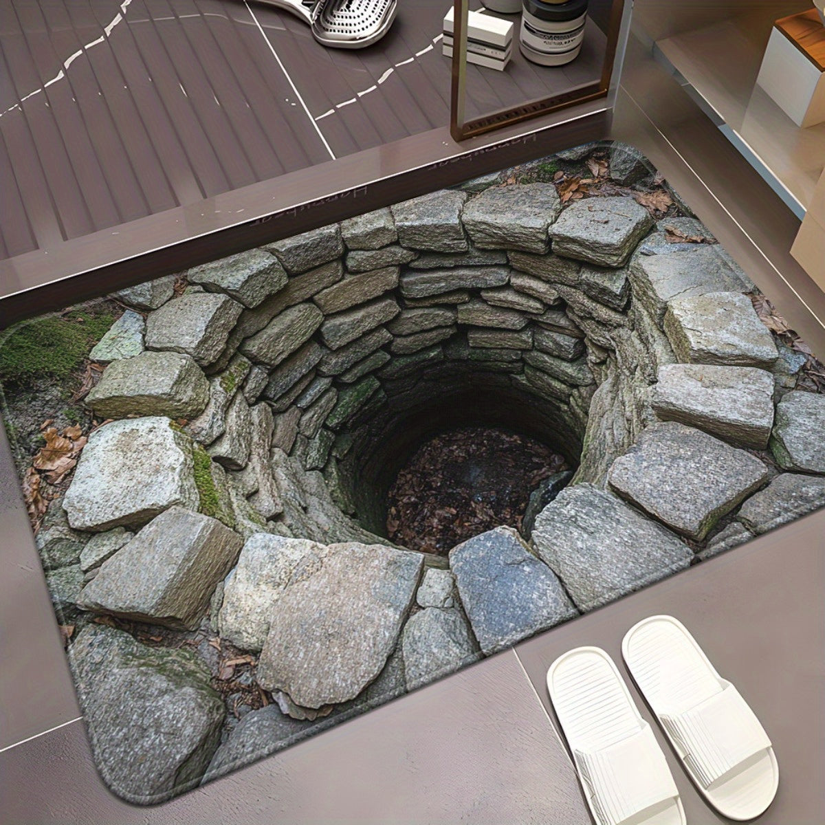 TEMU 1pc Visual Illusion Effect Stone Wall Printed Hd Door Mat, Non-slip Bathroom Floor Mats, Microfiber Absorbent Machine Washable Polyester Rug For