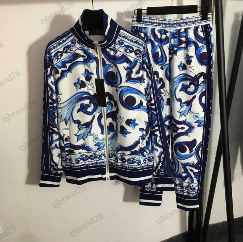 Womens Two Piece Pants Long Sleeve Zipper Collar Blue And White Porcelain Print Coat Tops Side Lettered Webbing Slacks Trousers Women Clothes 1970