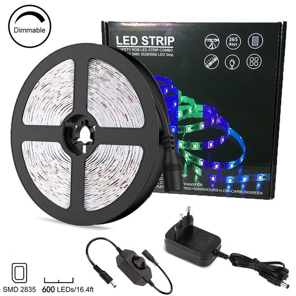 16.4ft 5M LED Strip Lights 600LEDs 2835 Dimmable Tape Light with Power Adapter for Home Kitchen Under Cabinet Bedroom Daylight