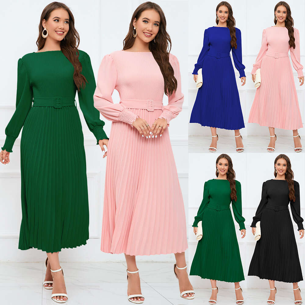 2024 Autumn-winter New Round Neck Bubble Long Sleeve Pleated A-line Skirt Mid Length Slim Fit Dress