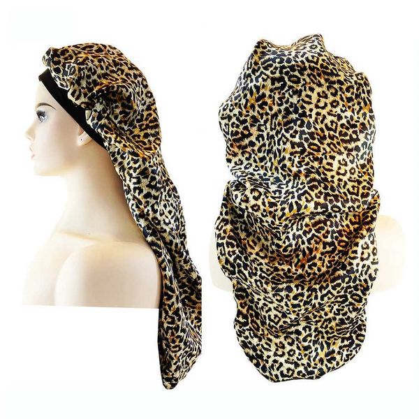 Chapéu de cetim Night Hat Hat Wide Band Long Hair Care Care Bag Womens Leopard Print W241113