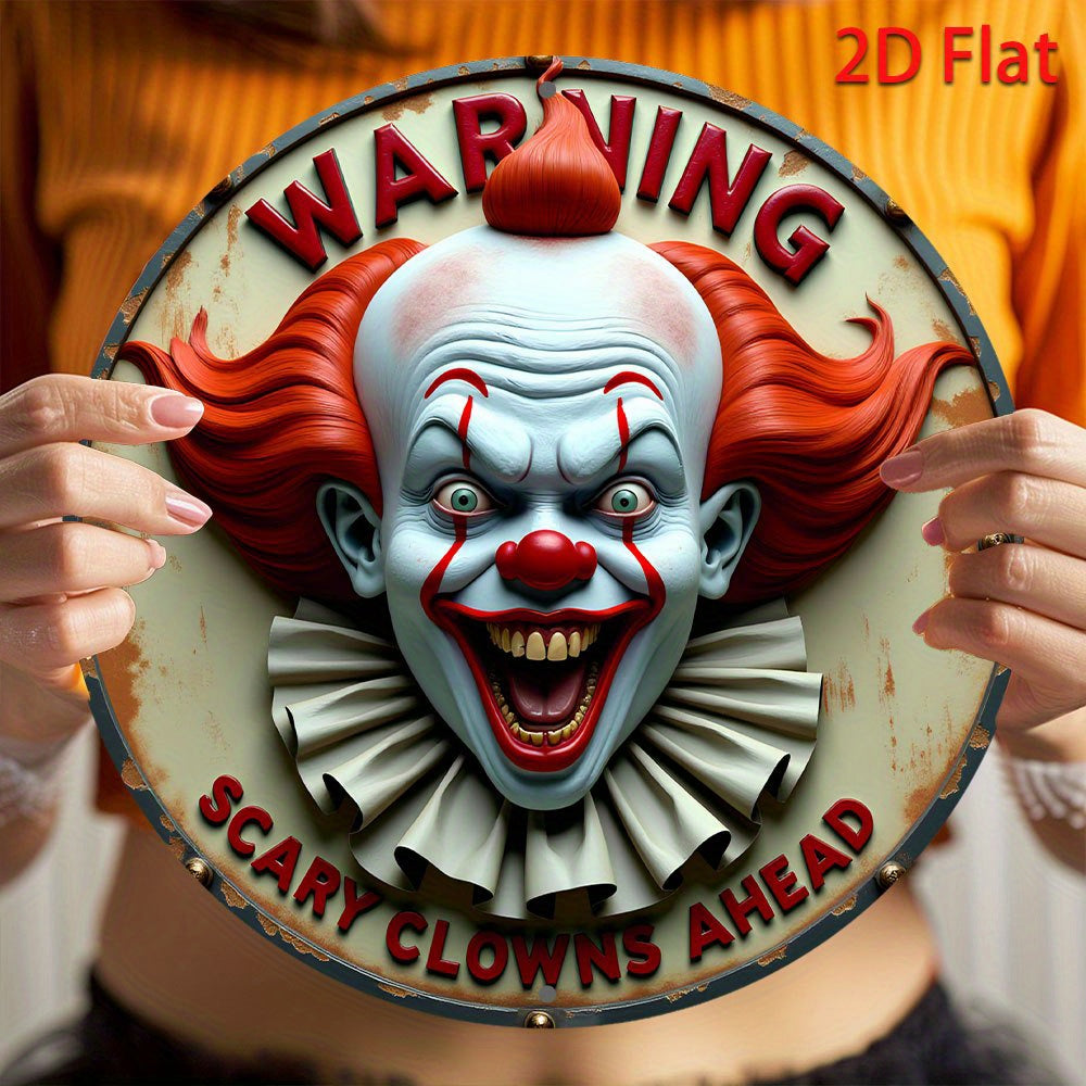 TEMU 1pc Vintage Round Aluminum Clown Face Warning Sign, 8-inch Wall Art Decor, Scary , Creepy -themed Decoration For Home, Bar, Garage, Coffee Shop,
