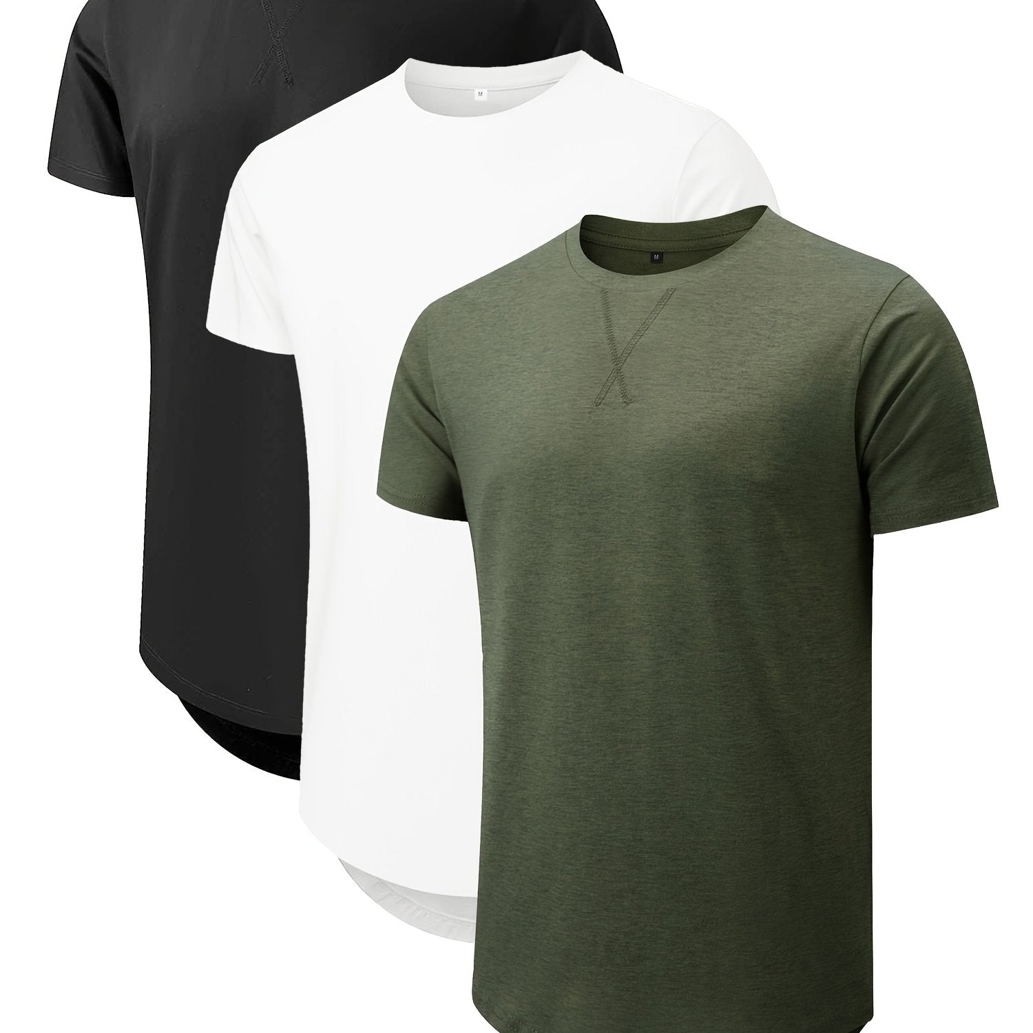 TEMU 3pcs Men's Cotton Crew Neck T-shirts - Casual , Breathable & Stretchy, Solid Colors (black, White, Green) For Casual Attire, Cotton T Shirts