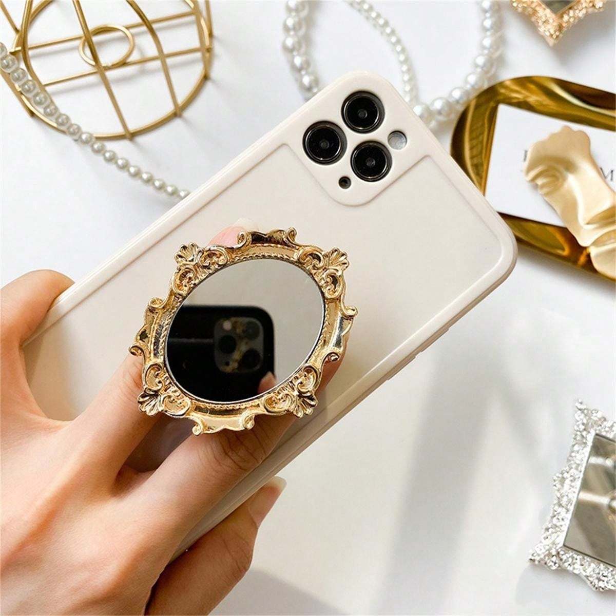 TEMU European Retro Pattern Mirror Phone Air Cushion Bracket, Paste Foldable Slouchy Desktop Round Mirror Bracket, Perfect Mobile Phone With Gifts,