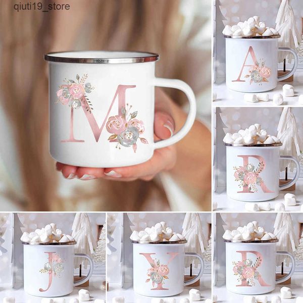 Mugs Pink Letter Flowers Enamel Coffee Mugs Bridal Party Creative Drinks Coffee Juice Milk Cups With Handle Water Mug Wedding Gifts J241204