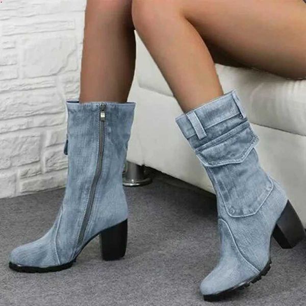 Boots Womens autumn and winter denim boots womens Pointed Toe denim style high heels knee boots Q241115
