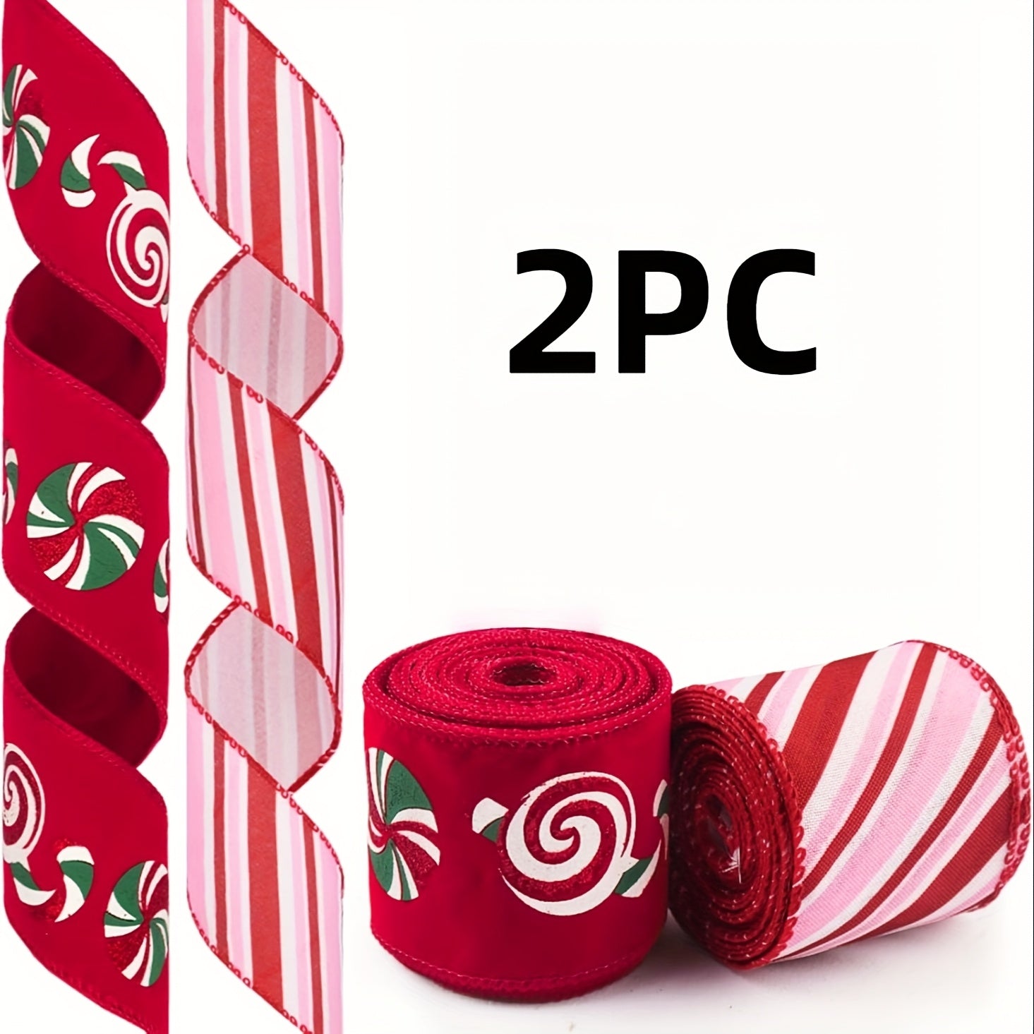 TEMU 2-pack Red Candy Cane Wired Ribbon - With Stripe Patterns (pink & Brown), Glossy Finish, Durable Polyester Craft Ribbon For Christmas