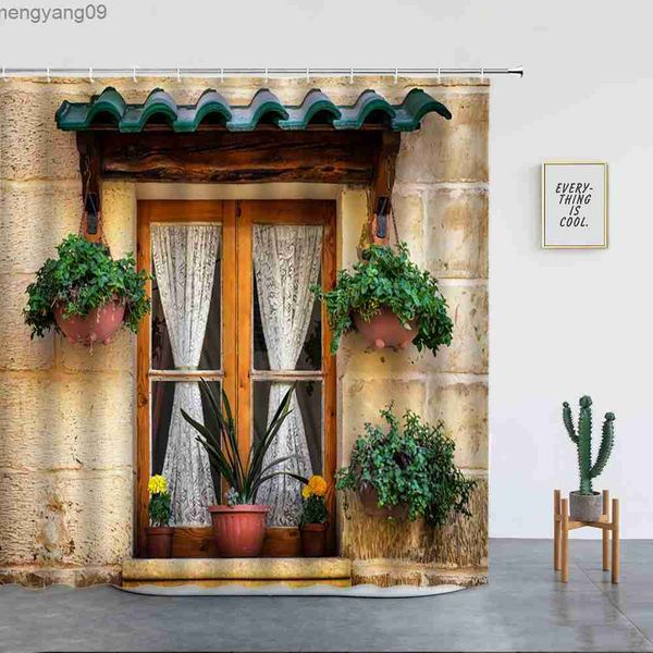 Shower Curtains Garden Flower Shower Curtains Blue Door Vintage Wood Board Window Plant Floral Landscape Wall Hanging Bathroom Decor Curtain