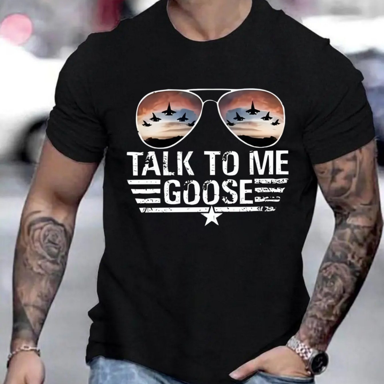 TEMU Men's Casual Graphic Short Sleeve T-shirt With " Goose" , Sunset & Stars Print, 100% Polyester, Machine Washable, Regular Fit For Teens & Young