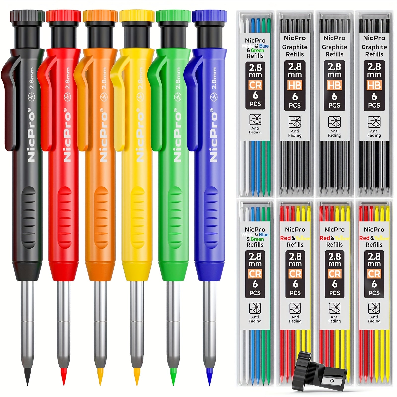 TEMU Carpenter Pencil Set With Sharpener, Mechanical Carpenter Pencils With Refills, Construction Pencil Heavy Duty Woodworking Pencils For (red,