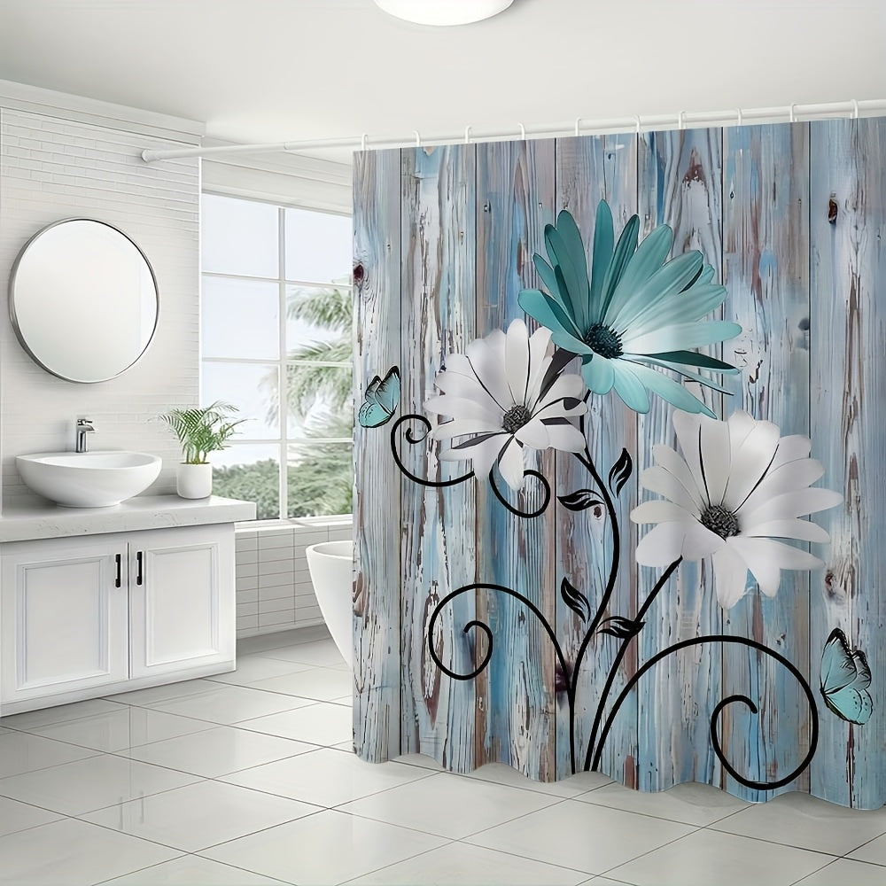 TEMU 1-4pcs Flowers Pattern, Shower Curtain Set With 12 Hooks, Non Slip Floor Mat, Bathroom U-shaped Mat, Toilet Seat Mat, Bathroom Sets Full Set,