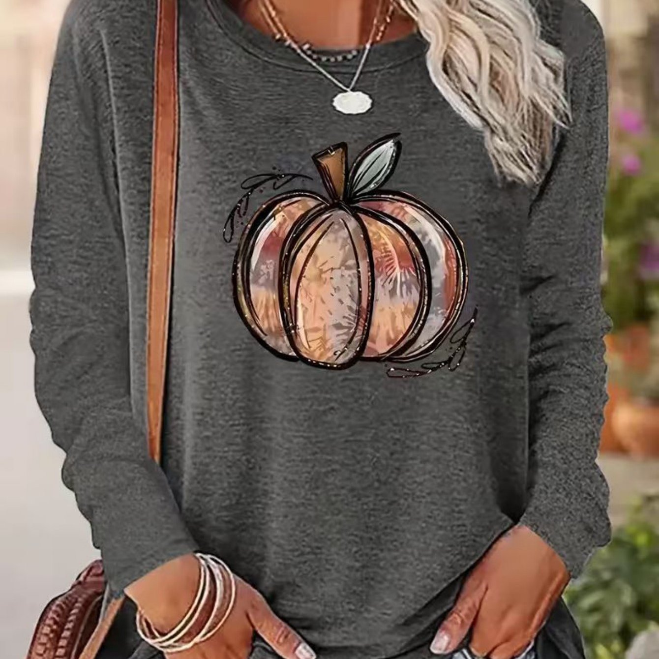 TEMU Women's Loose-fit Long Sleeve T-shirt With Pumpkin Print - Soft Breathable Round Neck Casual Top For Casual Attire, Fall Outfits & Layering |