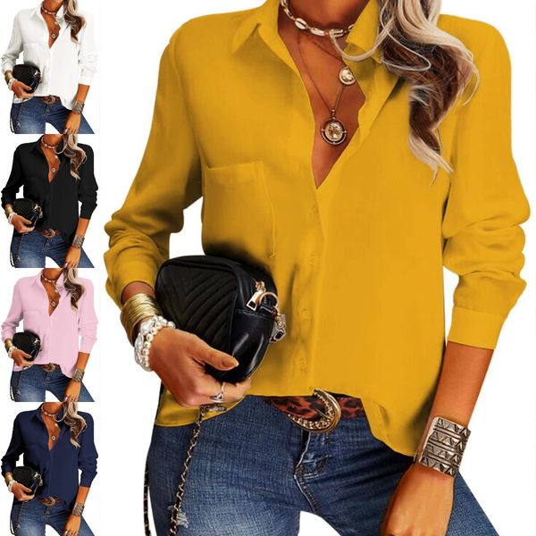 Women Chiffon Blouse Tops Spring Autumn Turn Down Collar Long Sleeve Solid Pullover Pocket Loose Shirts