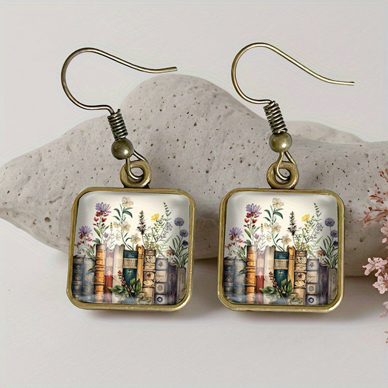 TEMU 1 Pair Flower Books Square Earring Glass Dangle Earrings Handmade Jewelry Gift