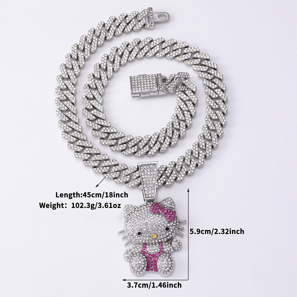 TEMU Hello Kitty Necklace For Women - Sparkling -encrusted Cuban Chain With Cute Cartoon Cat Pendant, Pink Bow & Golden Bell Charm, Valentine's Day