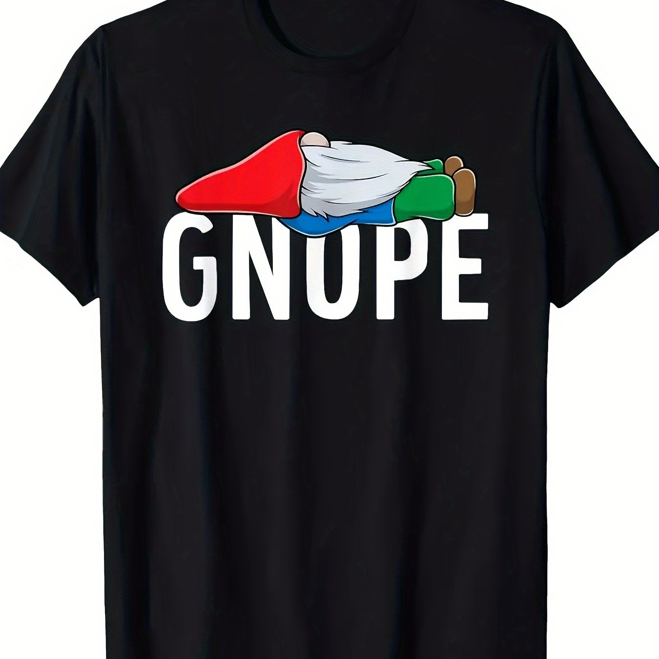 TEMU Men's Funny Gnome Graphic T-shirt - 100% Cotton, Short Sleeve, Round Neck, Casual Fit, Black With Colorful Gnome Design, Casual Attire