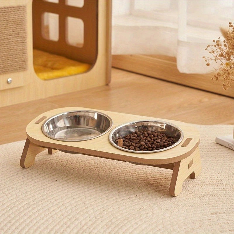 TEMU Elevated Cat Feeder Set With Stainless Steel Bowls & Sturdy Wooden Stand - Raised Food And Water Dishes, Design, Easy-clean For Indoor Cats,