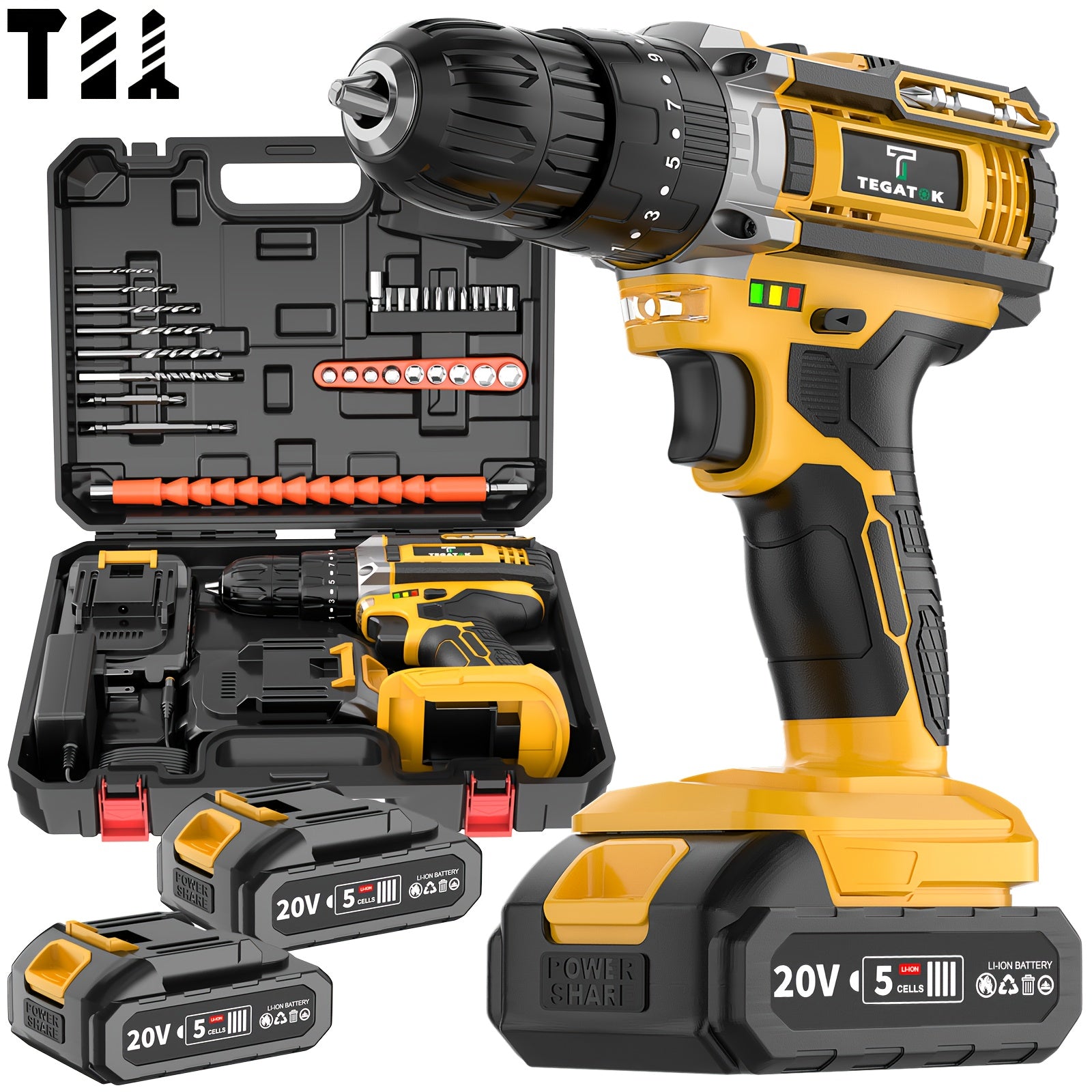 TEMU 20v 148pcs Drill Set-1*battery Power Tool Box Set- 20v Drill Set Accessories With 20v Cordless Drill- Driver, Hammer, Tape Measure, Knife And