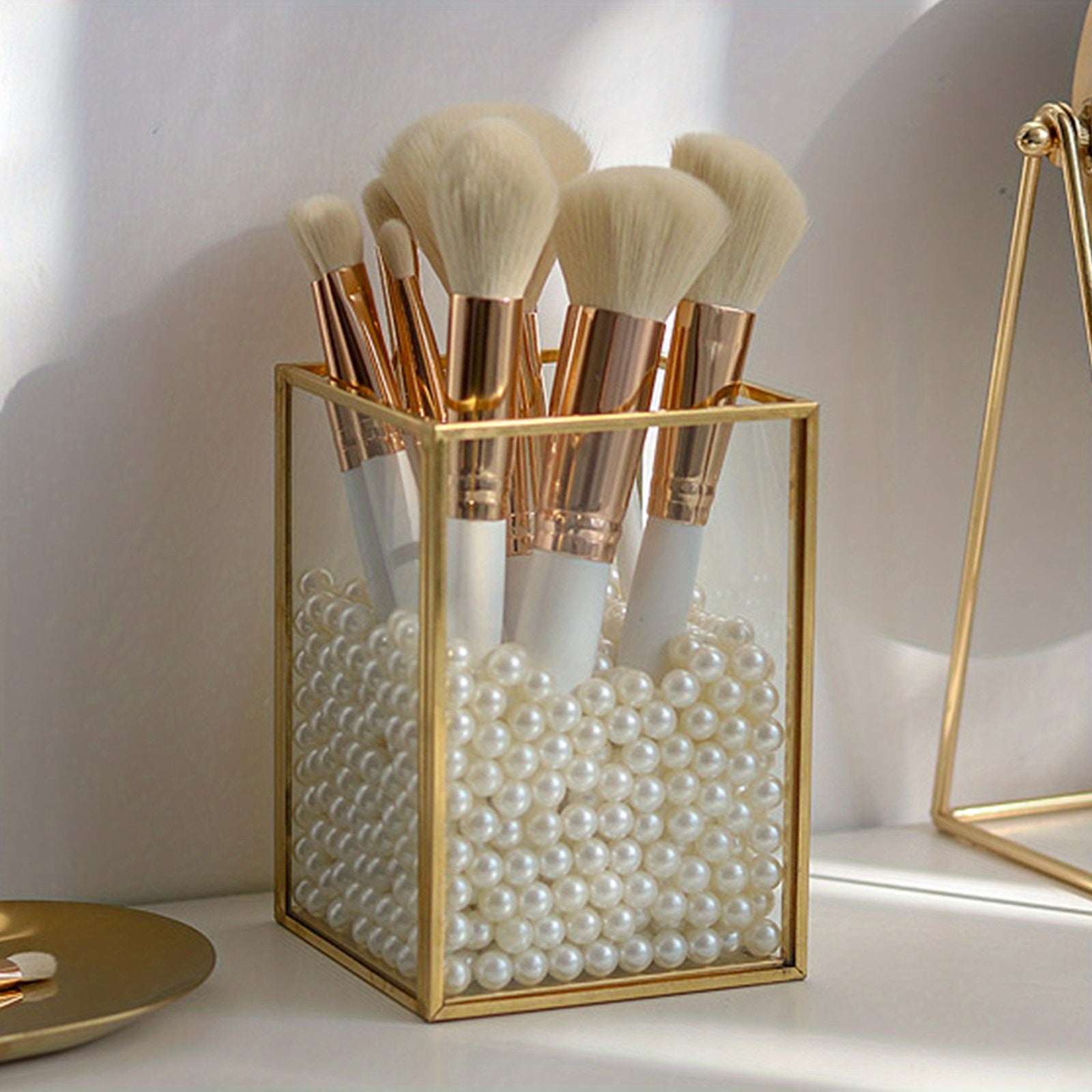 TEMU 1pc Makeup Brush Holder, 1 Slot Golden Metal Cosmetics Brushes Storage Organizer, Stationery Storage Box, Brushes Cup For Vanity, Desk, Dresser,