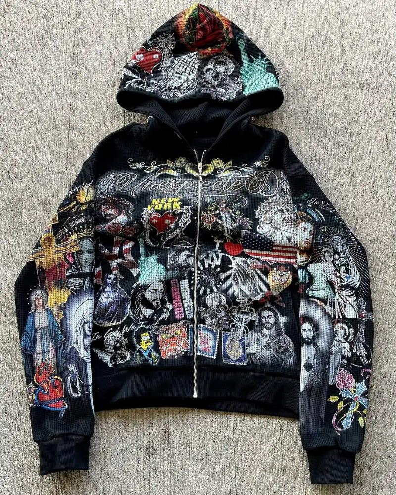 Men&#039;s Hoodies Punk Style Mens Zipper Hooded Sweatshirt Multi Pattern Gothic Waffle Outerwear Street Fashion Loose Large Size