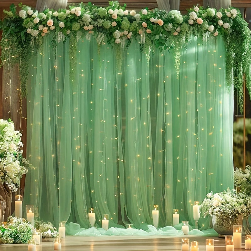 TEMU Set, 9.84ft X 7.05ft Sage Green-white Sheer Backdrop Curtains With Lights For Shower, Wedding, Bridal Shower, Happy Birthday Party Decor,