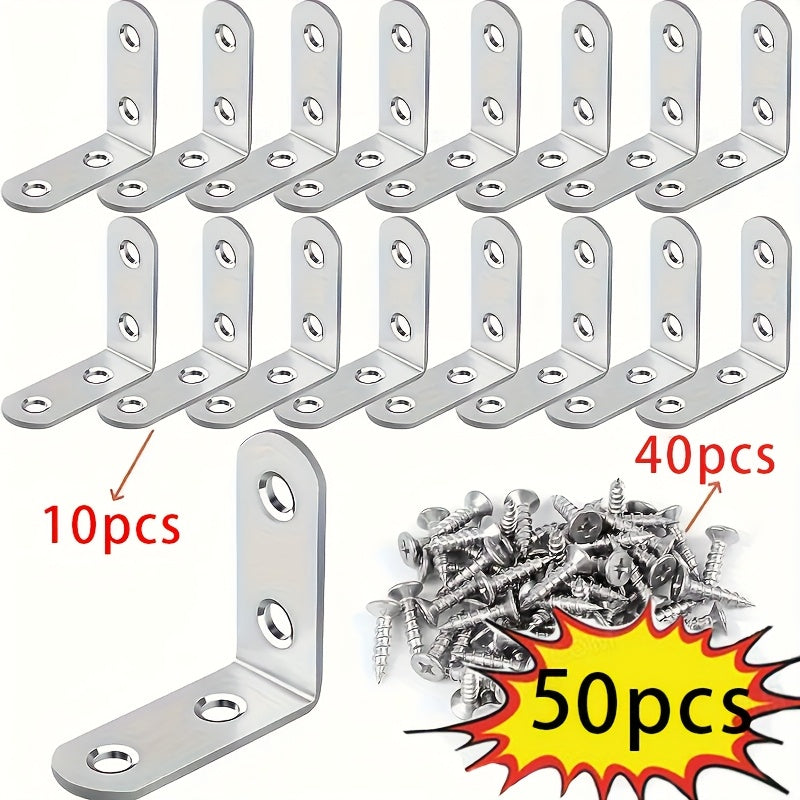 TEMU 50pcs Stainless Steel L-bracket Corner Set, 1.57x1.57 Inch 90 Degree Right Angle With Screws For Wooden Shelves, Chairs, Tables, Dressers,