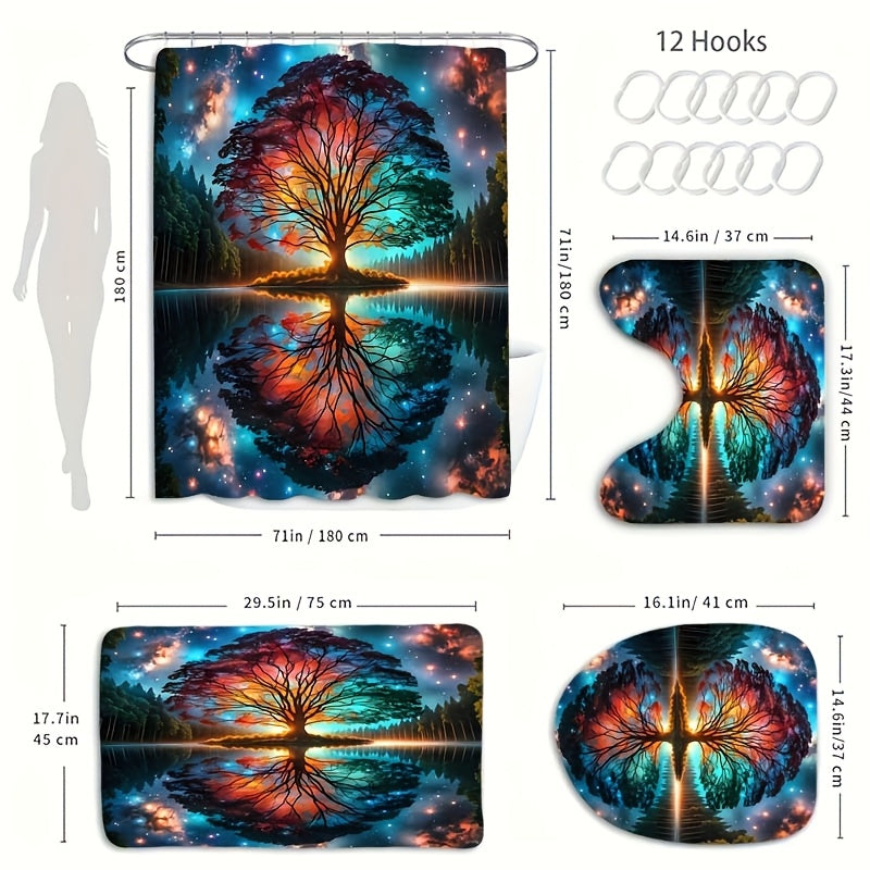 TEMU 1-4pcs Colorful Pattern Bathroom Set, And Multi-functional Shower Curtain With 12 Hooks, Anti Slip Bathroom Floor Mat, Toilet U-shaped Mat,