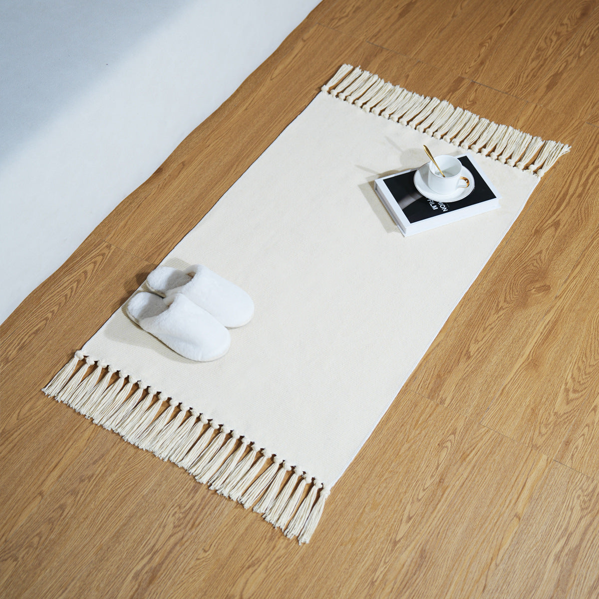 Living room bedroom carpet cushion, solid color cotton linen tassel, simple carpet, floor mat, thick coffee table carpet