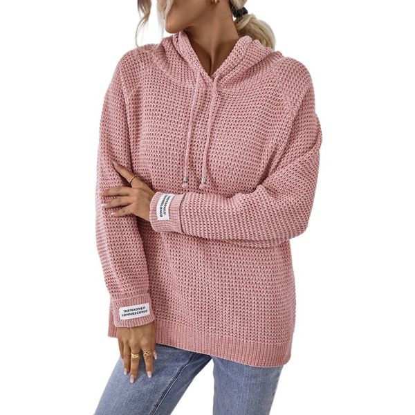 Europe and American Hooded casual pullover sweater for women solid color loose long sleeve knitting hoodie top drawstring Chenille knitwear