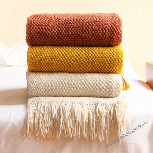 Textile City Home Decorative Thickened Knitted Blanket Corn Grain Waffle Embossed Winter Warm Tassels Throw Bedspread 130x240cmC241230