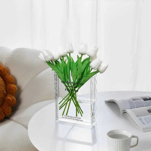 Artificial with Book Vase 10pcs Faux White wers Fake Tulips in Clear Acrylic for Office Decor Vase for Book Lovers ArtiT250111