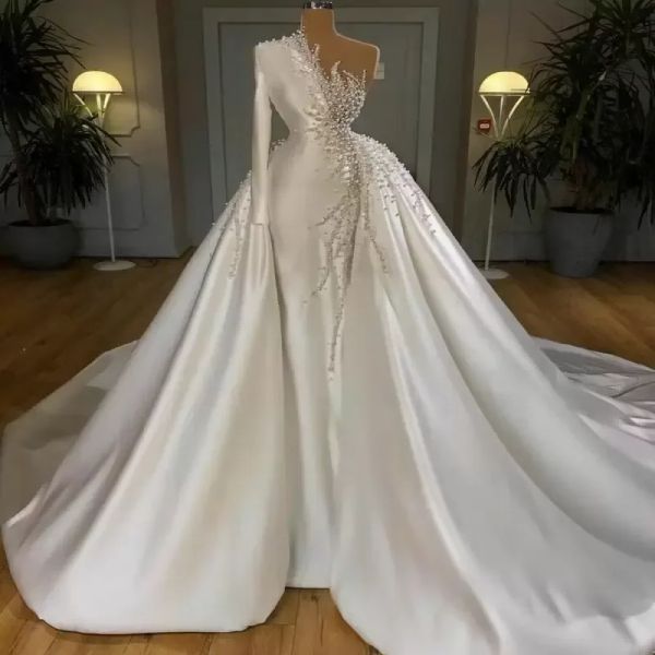 Dresses Mermaid Wedding Pearls Beadings One Shoulder Satin Long Sleeves Overskirts Detachable Train Plus Size Bridal Gowns