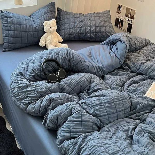 Bedding Set Checkered Bubble Wash Cotton Quilt Set Four Pieces Ins Korean High Quality Bedding Sheet Set Dormitory 3 PcsM240816