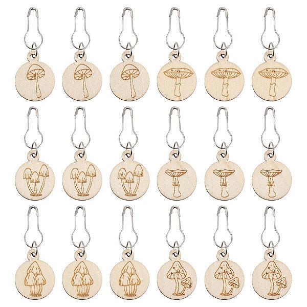 3 Bags Mushroom Pattern Flat Round Wooden Charm Locking Stitch Markers