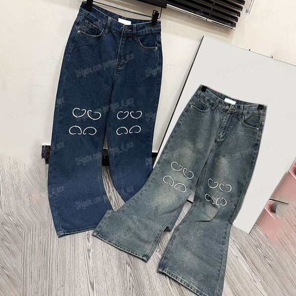 Embroidered Women Jeans Luxury Designer Washed Straight Denim Pants Stylish Brand Charm Casual Denim Trousers