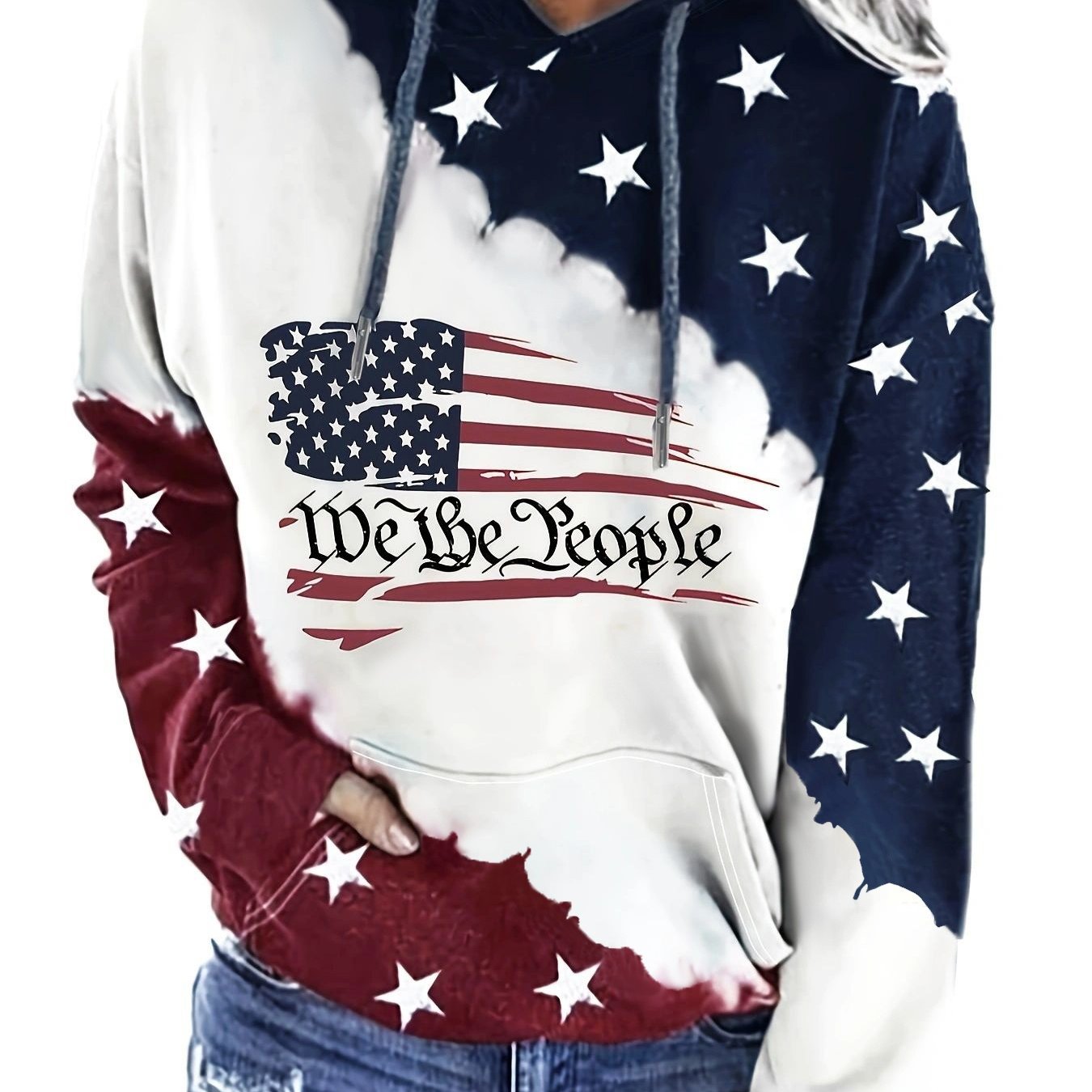 TEMU American Flag Print Drawstring Hoodie, Casual Long Sleeve Kangaroo Pocket Sweatshirt, Women's Clothing